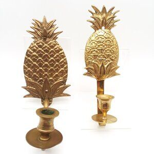 2 Brass Pineapple Candle Stick Holder Taper Wall Sconces Vintage Patina